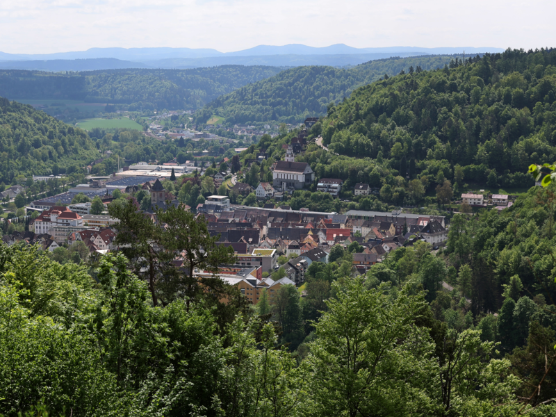Abgebildet wird die Stadtansicht Oberndorf am Neckar vom Aussichtspunkt: Kapelle Lindenhof.