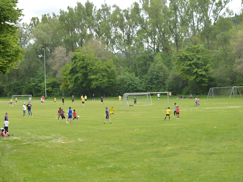 Auf dem Foto ist ein Fußballplatz abgebildet. 