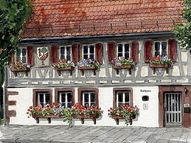 Fachwerkhaus in Aquarell gemalt. Vor den Fenstern hänge bunte Blumentöpfe 