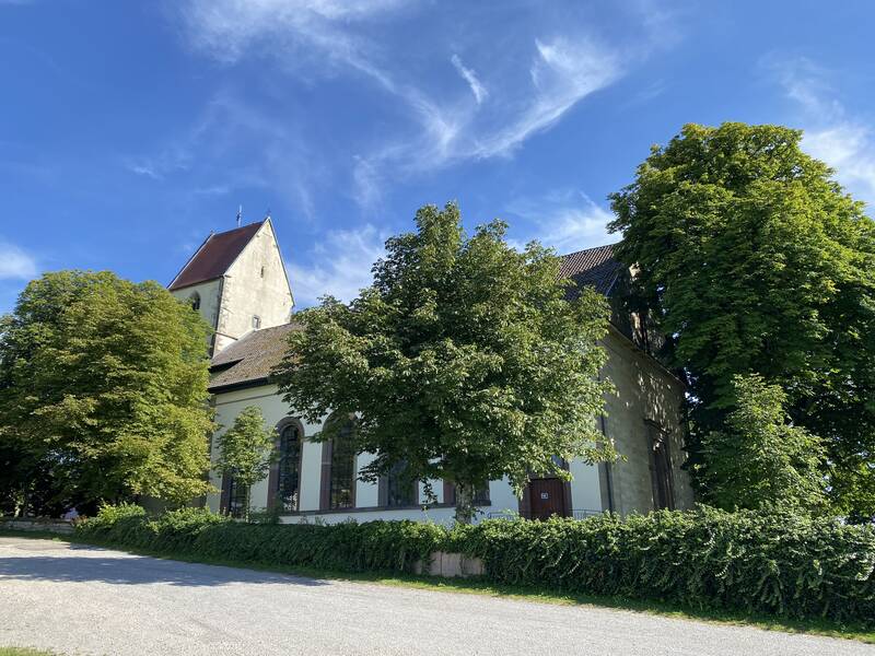 Katholische Kirche mit großem Kirchenschiff und Kirchturm. Seitenansicht mit 5 großen Bogenfenstern. Um die Kirche sind große Bäume und ein kleine begrünte Mauer zu sehen. 