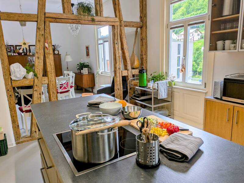 Küche mit Herdplatte. Ein Topf steht auf der Herdplatte. Man blickt in das offene Wohnzimmer.