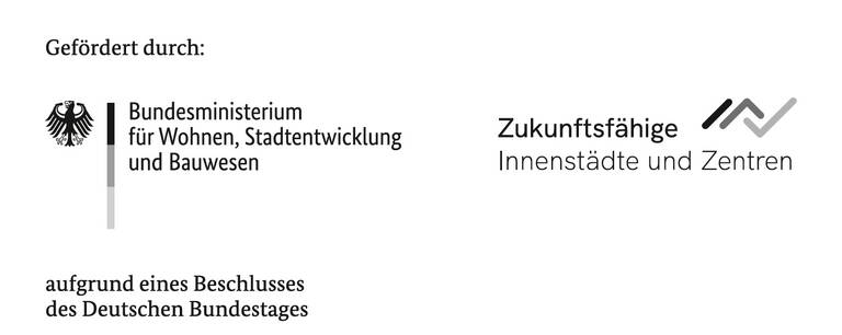 Logo. Gefördert durch Bundesministerium für Wohnen, Standentwicklung und Bauwesen. Zukunftsfähige Innenstädte und Zentren. Aufgrund eines Beschlusses des Deutschen Bundestages