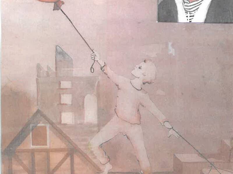 gemaltes BIld, Junge mit Luftballon. In der Rechten oberen Ecke, Frau Jacobi, lächelt.