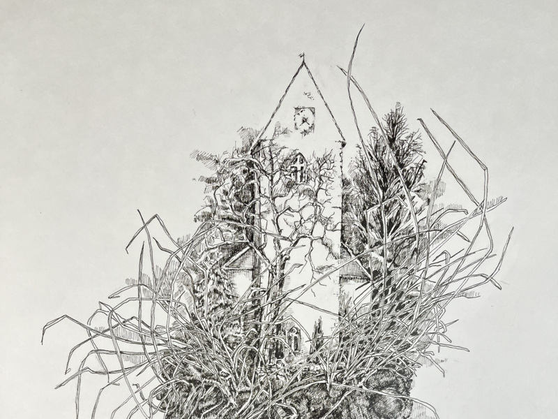Die Zeichnung zeigt die Dorfkirche St. Otmar, Hochmössingen, auf einer Grasnarbe. Im Erdbrocken erkennt man den Totenschädel eines Alemannen, der auf seine archäologische Bergung wartet