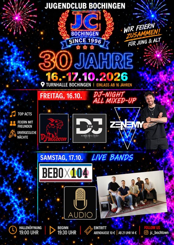 Das Bild zeigt den Flyer für die Veranstaltung 30 Jahre Jugendclub Bochingen, die am 16. und 17.10.2026 in der Turnhalle Bochingen stattfindet.