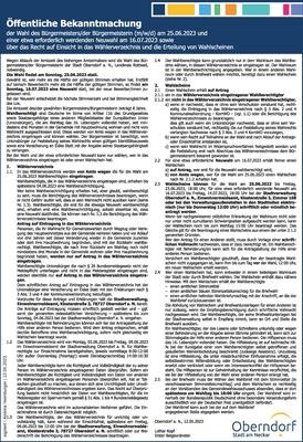 	Öffentliche Bekanntmachung der Wahl des Bürgermeisters/der Bürgermeisterin (m/w/d) am 25.06.2023 und einer etwa erforderlich werdenden Neuwahl am 16.07.2023 sowie über das Recht auf Einsicht in das Wählerverzeichnis und die Erteilung von Wahlscheinen